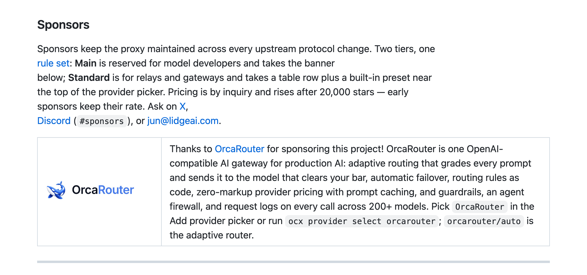 README Sponsors section with the OrcaRouter row