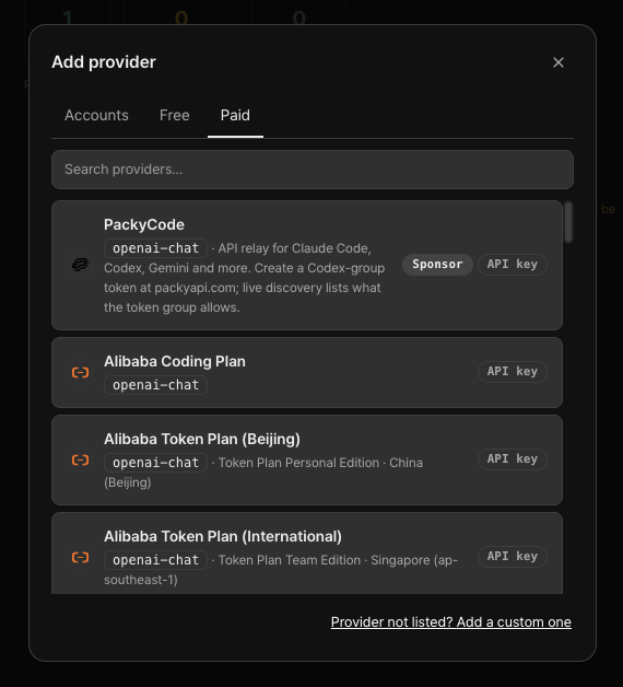 PackyCode pinned first with the Sponsor chip in the Add provider picker