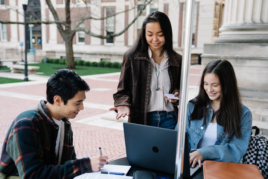 Group of university students collaborating and studying together in an outdoor setting.