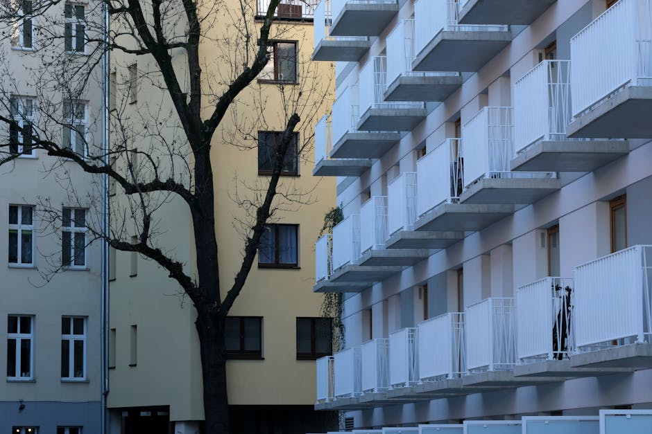 View of modern apartments with balconies adjacent to an older building and a barren tree.