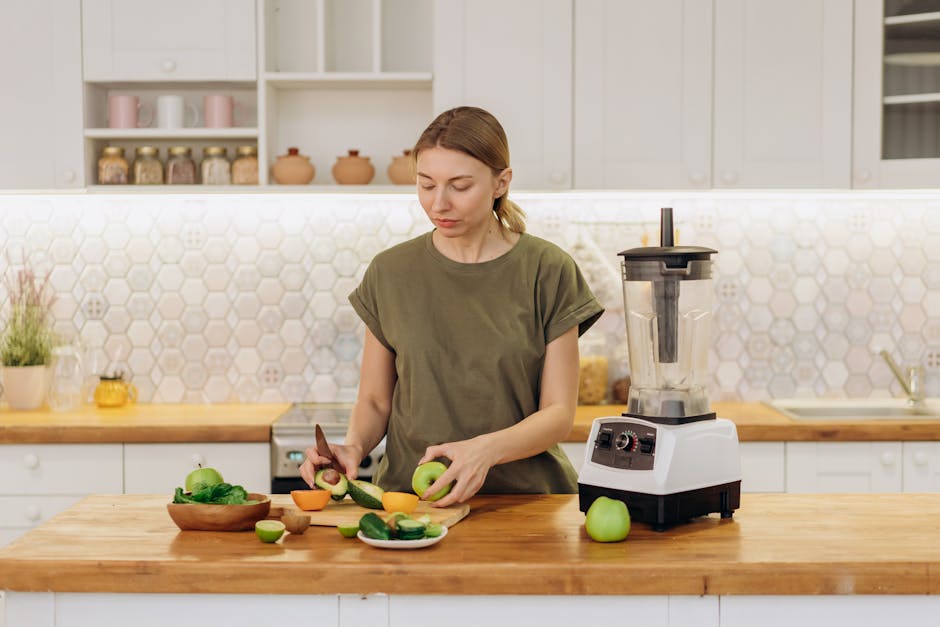 Woman prepares a healthy meal with fresh ingredients in a modern kitchen.