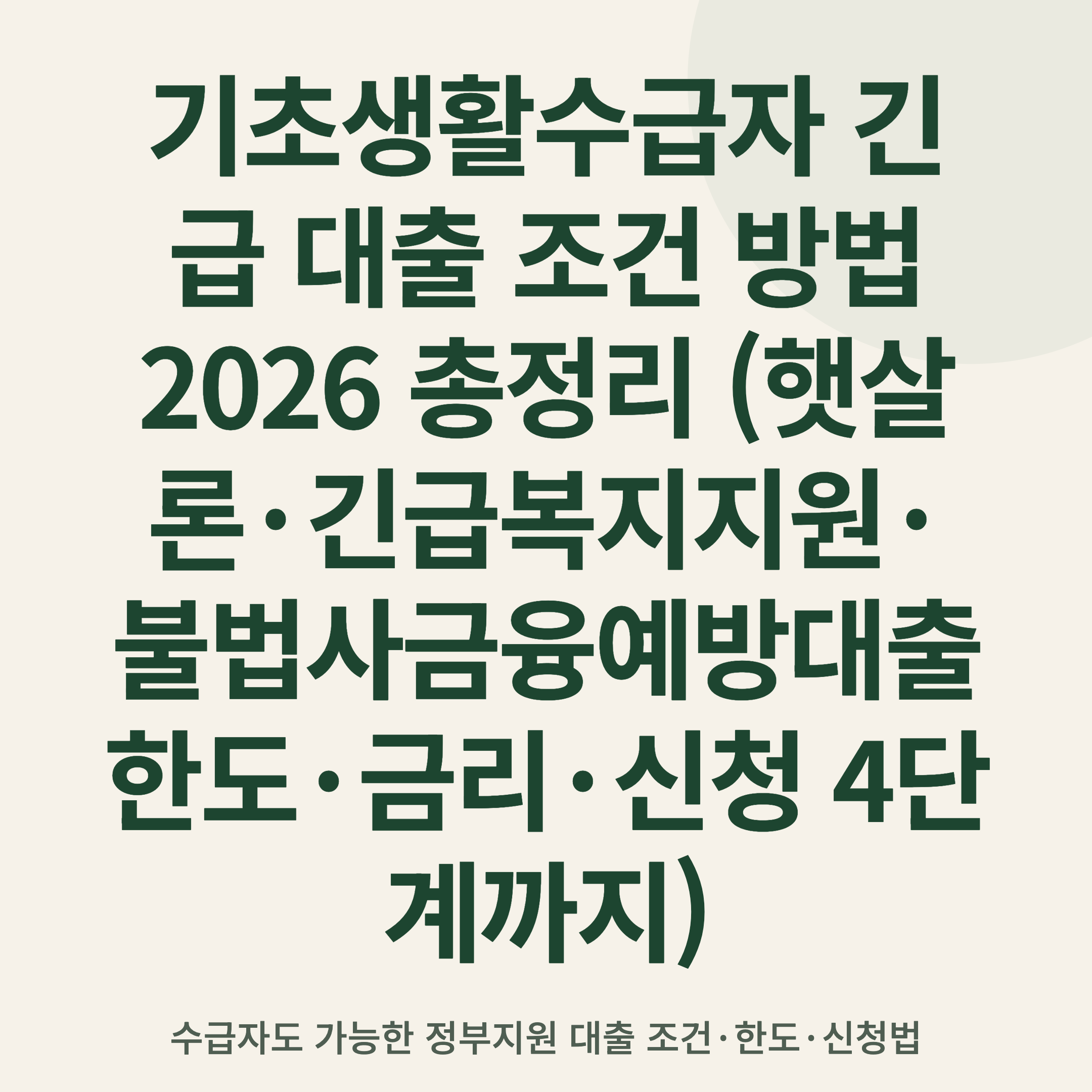 기초생활수급자 긴급 대출 조건 방법 2026 총정리 (햇살론·긴급복지지원·불법사금융예방대출 한도·금리·신청 4단계까지)
