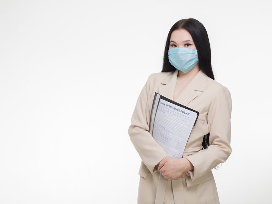 Professional woman wearing face mask holding insurance document, demonstrating safety and business.
