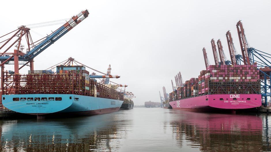 Massive container ships docked at Hamburg Port, displaying global shipping power.