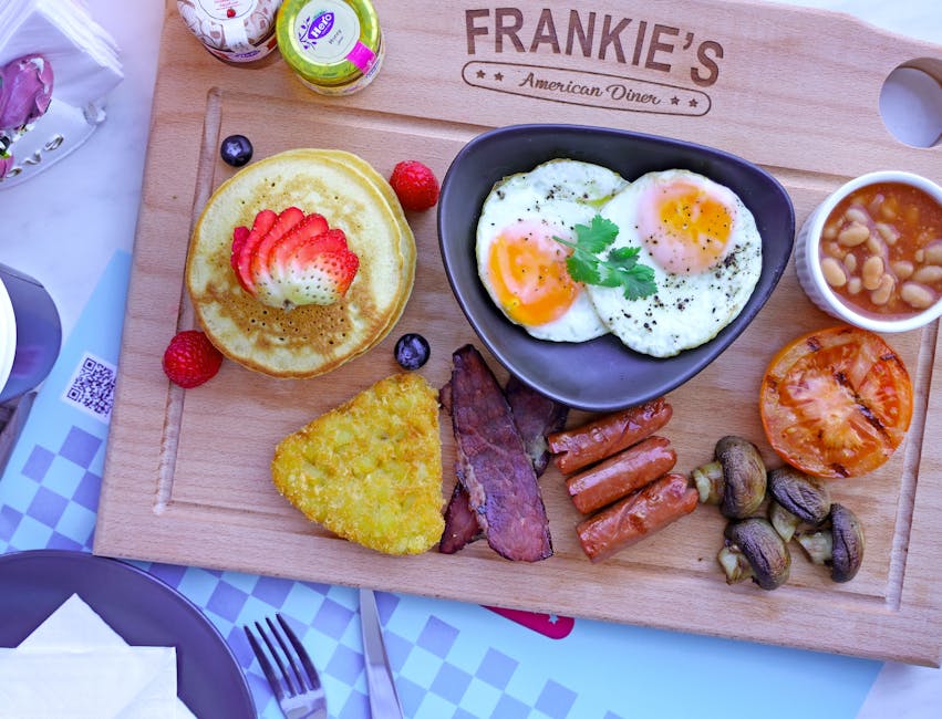 A vibrant breakfast platter featuring eggs, pancakes, sausages, and more, perfect for a hearty meal.