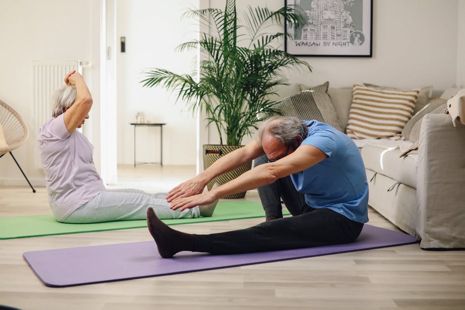 Elderly couple practicing yoga at home, promoting wellness and healthy lifestyle.