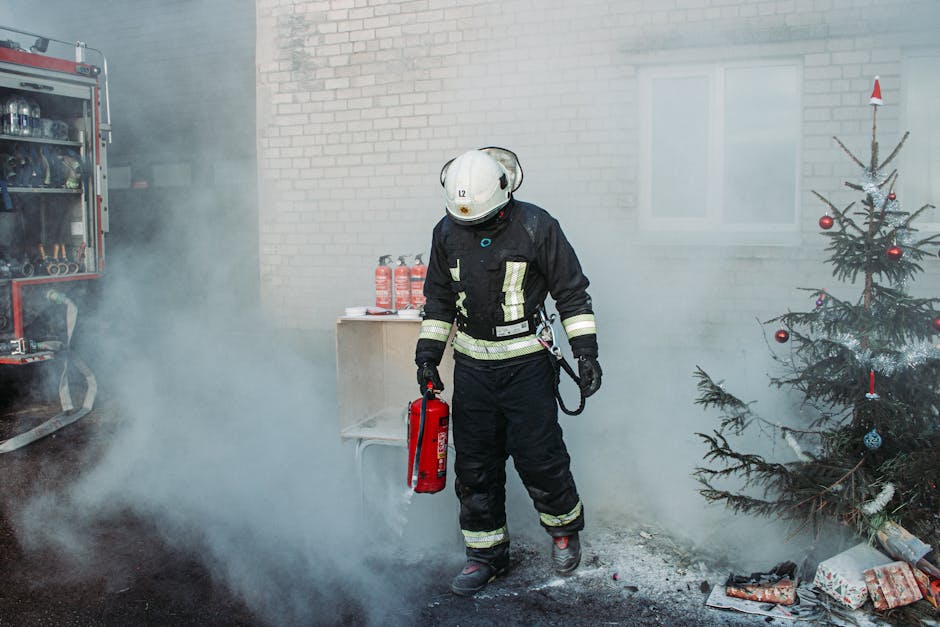 Firefighter controlling smoke near a Christmas tree, enhancing safety.