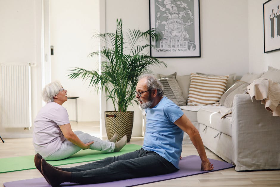 Senior couple doing yoga in a cozy living room, promoting health and active lifestyle.