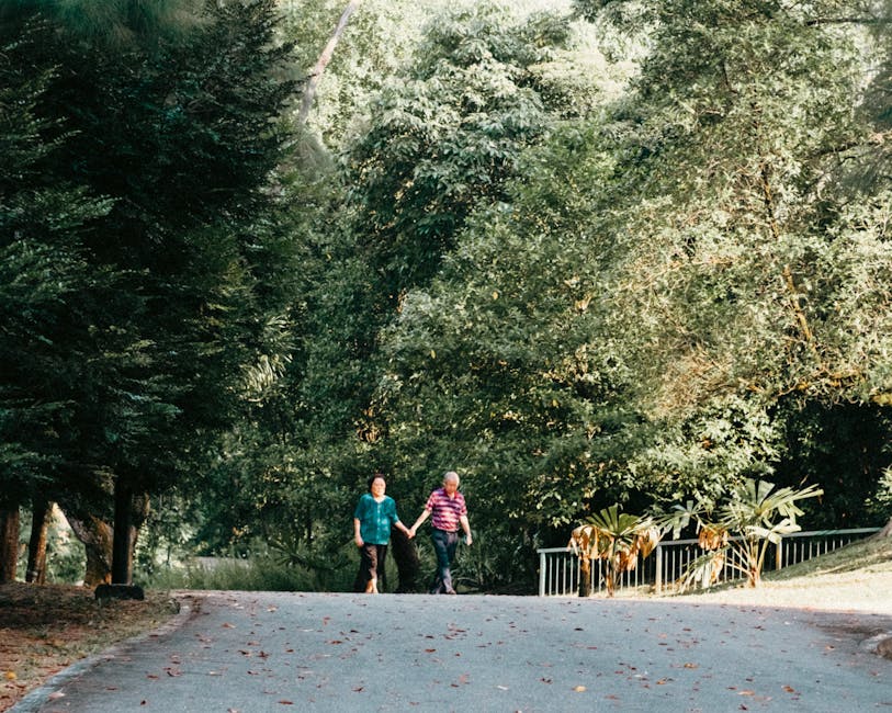 A senior couple enjoying a walk in a vibrant green park, surrounded by nature and trees.