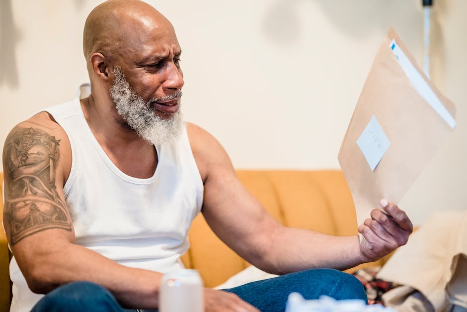 Senior man looking stressed while reading financial documents at home.