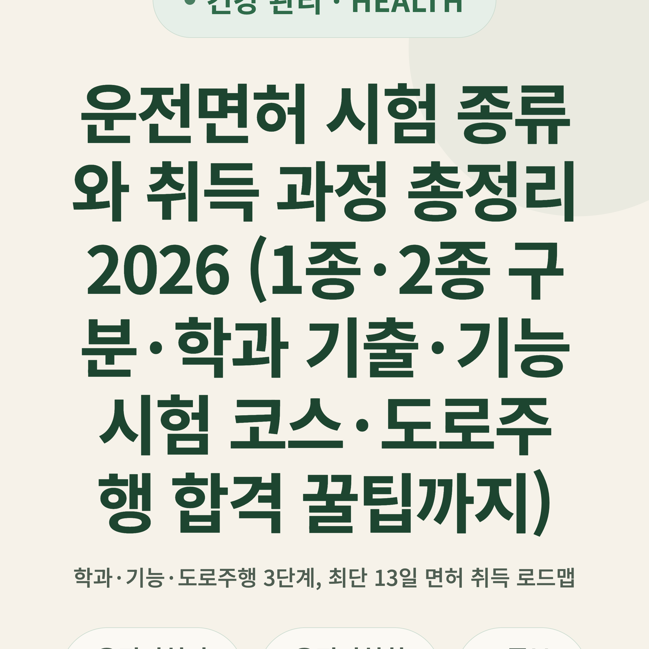 운전면허 시험 종류와 취득 과정 총정리 2026 (1종·2종 구분·학과 기출·기능시험 코스·도로주행 합격 꿀팁까지)