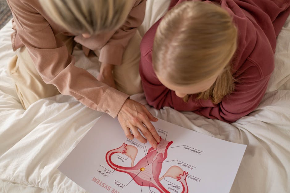 Mother and daughter studying reproductive system illustration for sex education at home.