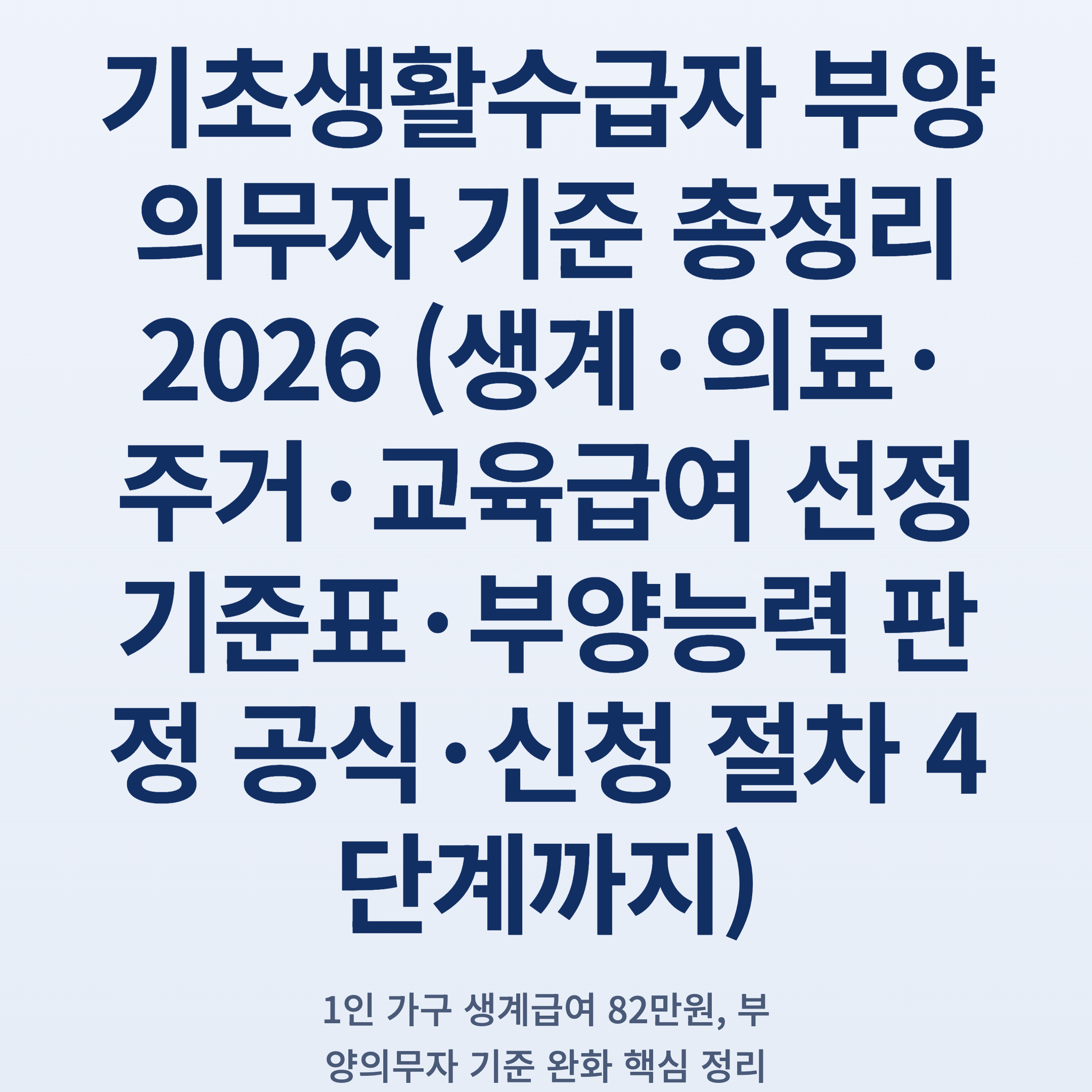 기초생활수급자 부양의무자 기준 총정리 2026 (생계·의료·주거·교육급여 선정기준표·부양능력 판정 공식·신청 절차 4단계까지)