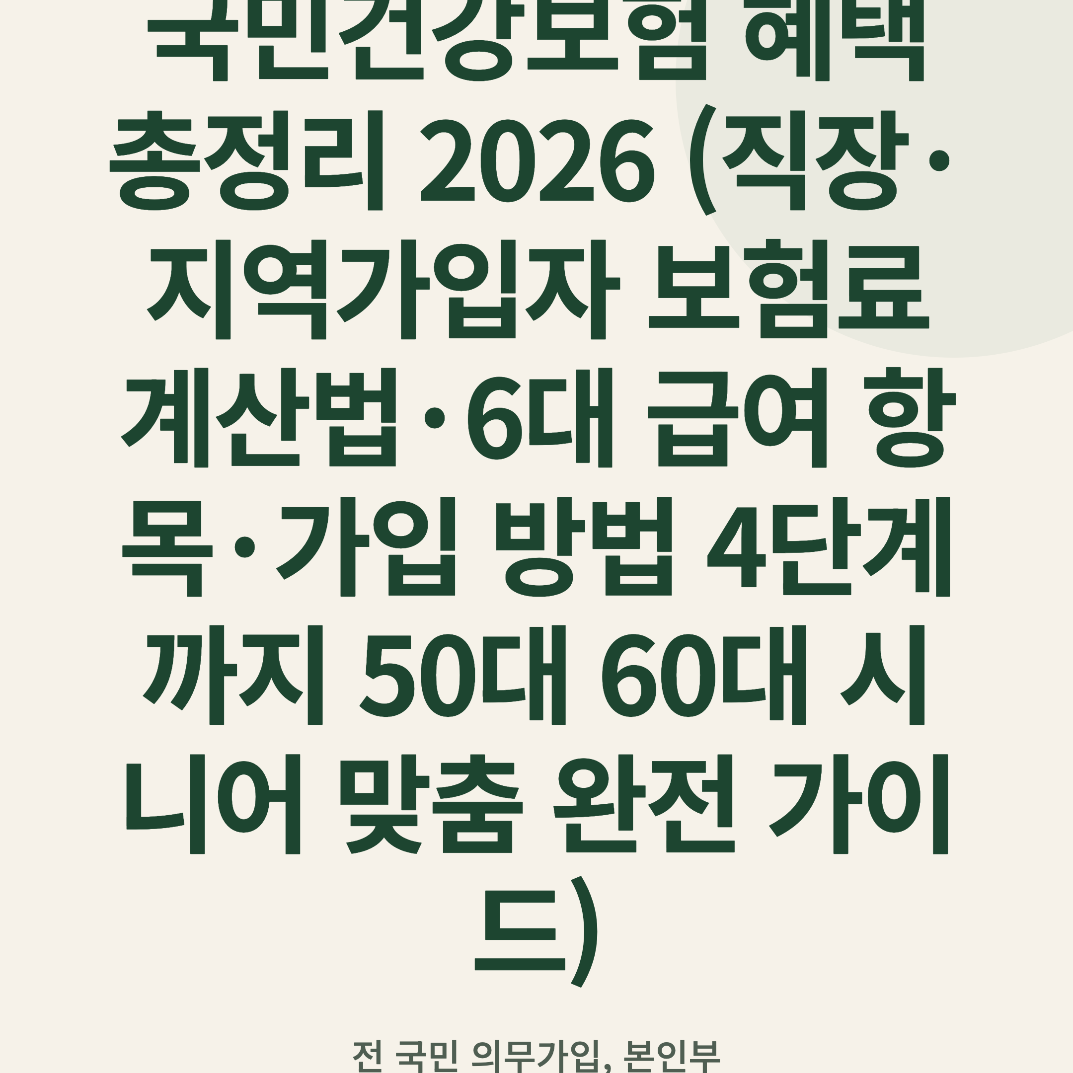 국민건강보험 혜택 총정리 2026 (직장·지역가입자 보험료 계산법·6대 급여 항목·가입 방법 4단계까지 50대 60대 시니어 맞춤 완전 가이드)