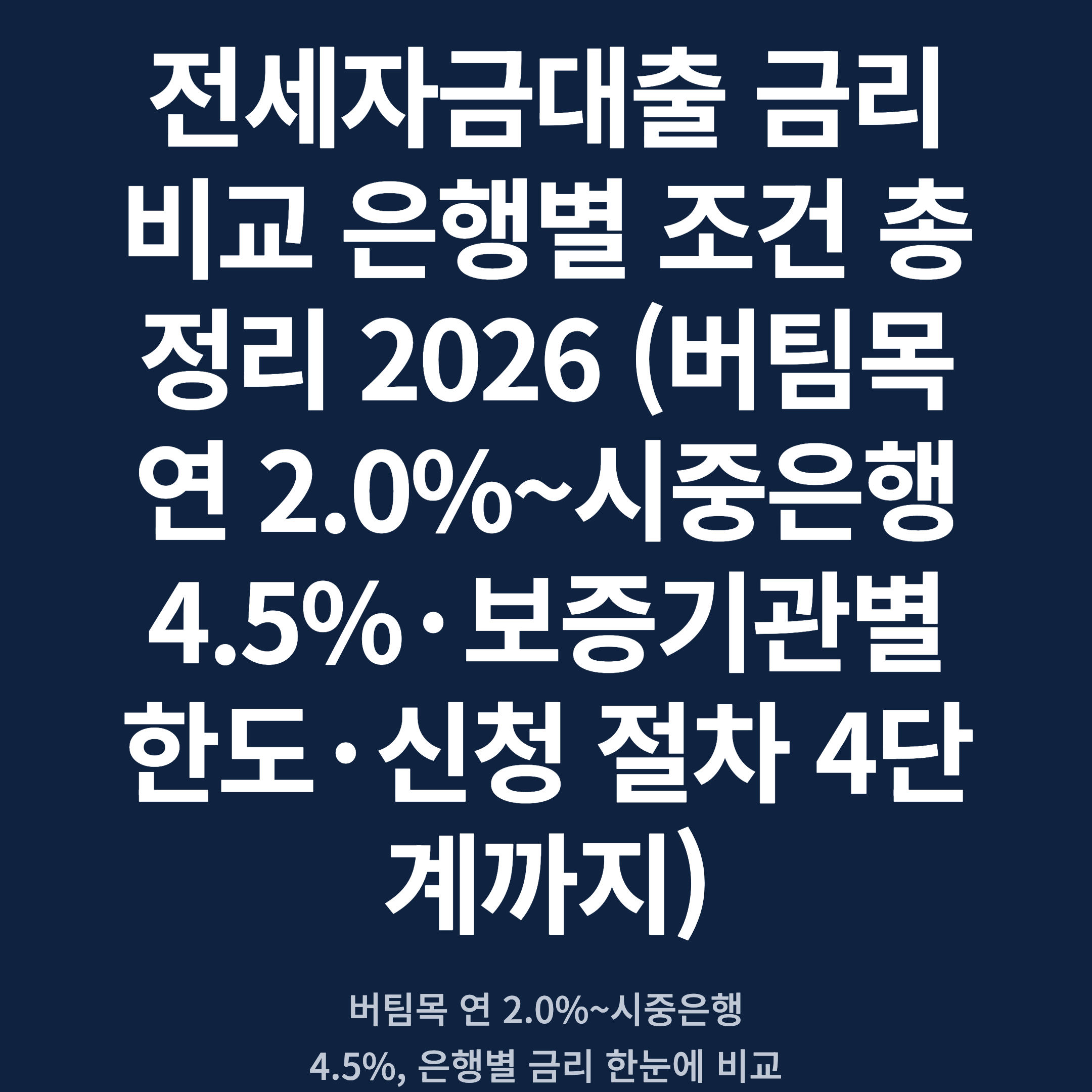 전세자금대출 금리 비교 은행별 조건 총정리 2026 (버팀목 연 2.0%~시중은행 4.5%·보증기관별 한도·신청 절차 4단계까지)