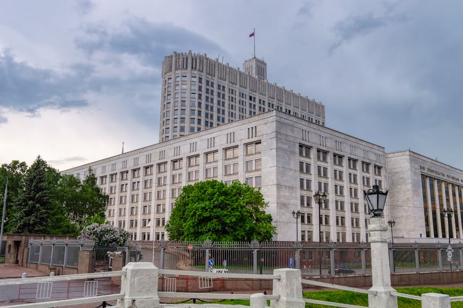 A view of the Russian White House, a prominent government building in Moscow, Russia.