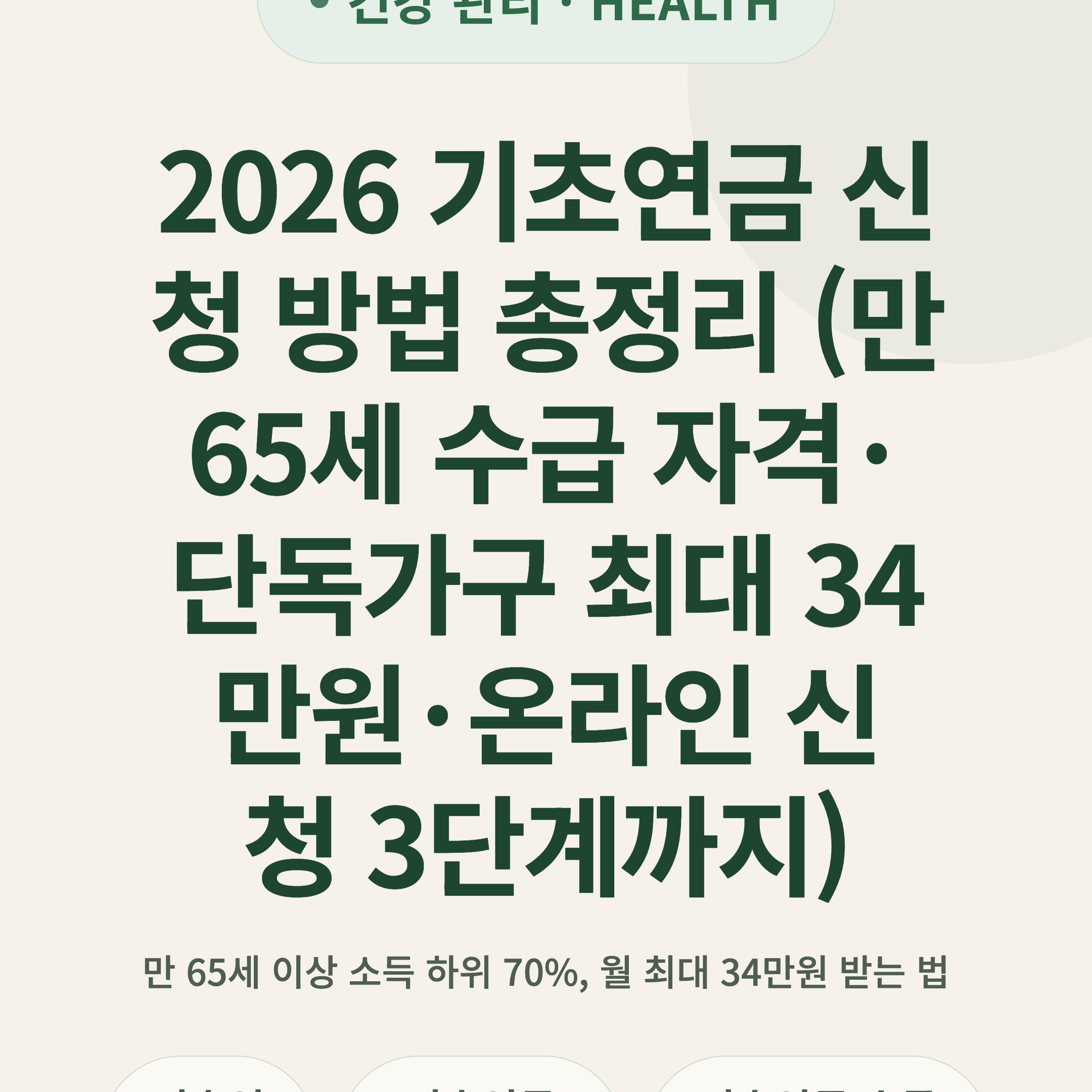 2026 기초연금 신청 방법 총정리 (만 65세 수급 자격·단독가구 최대 34만원·온라인 신청 3단계까지)