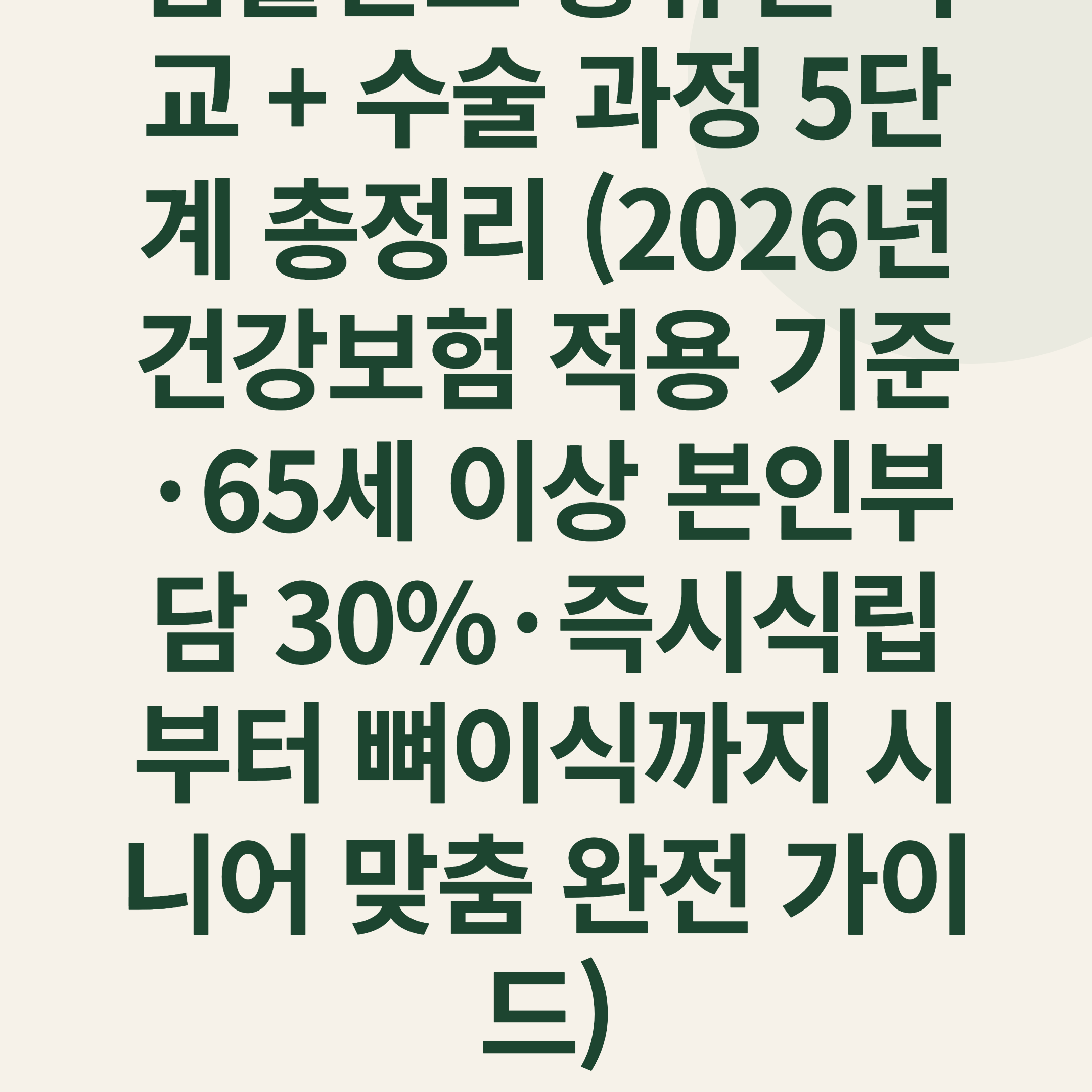 임플란트 종류별 비교 + 수술 과정 5단계 총정리 (2026년 건강보험 적용 기준·65세 이상 본인부담 30%·즉시식립부터 뼈이식까지 시니어 맞춤 완전 가이드)