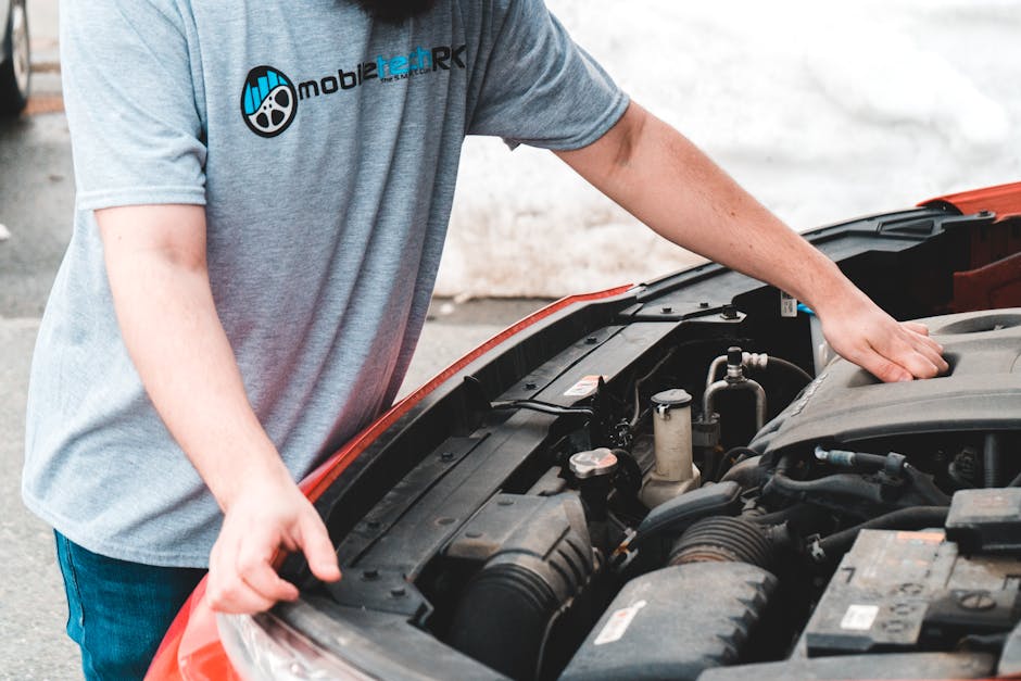 A man inspects the engine of a car, likely addressing an emergency breakdown.