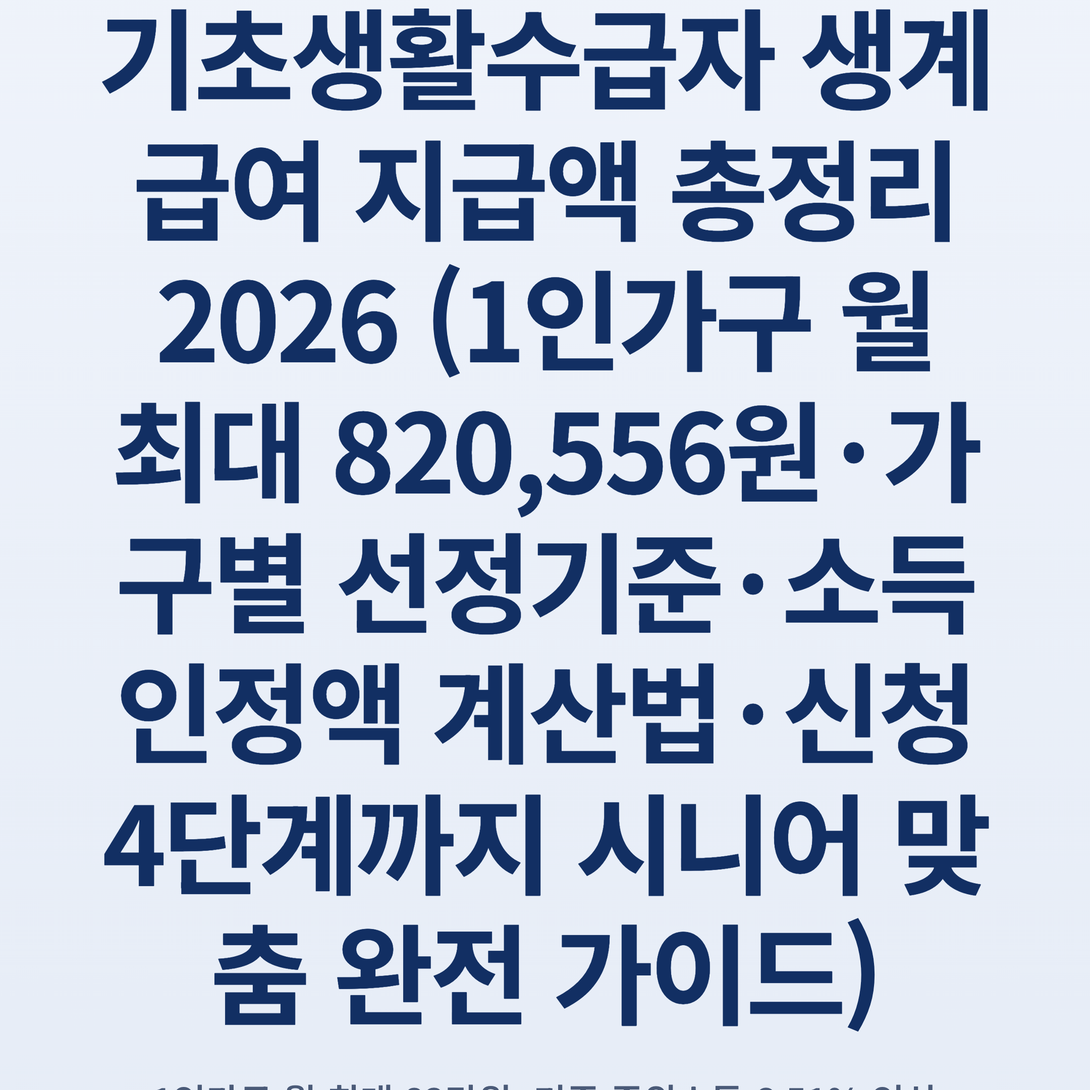 기초생활수급자 생계급여 지급액 총정리 2026 (1인가구 월 최대 820,556원·가구별 선정기준·소득인정액 계산법·신청 4단계까지 시니어 맞춤 완전 가이드)