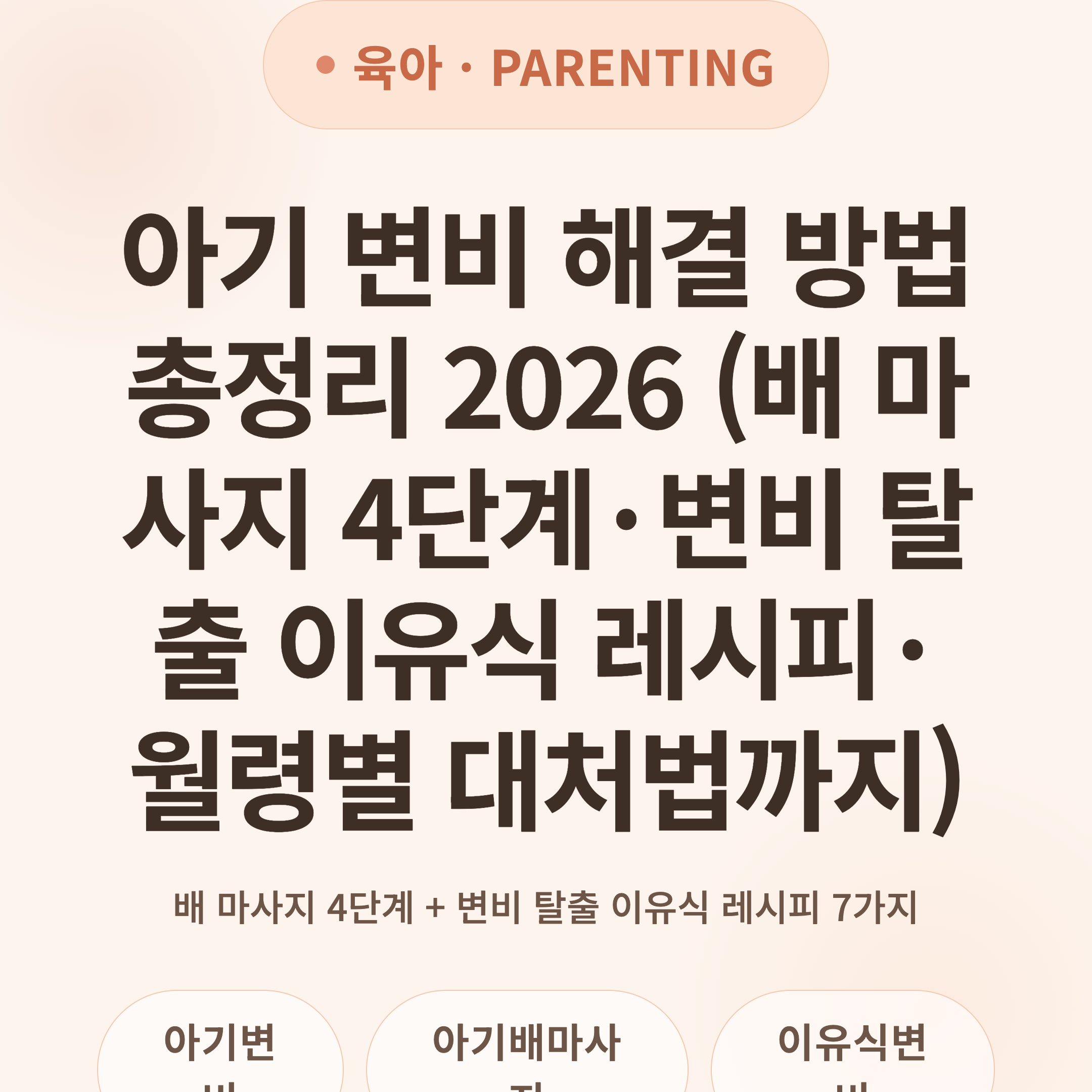 아기 변비 해결 방법 총정리 2026 (배 마사지 4단계·변비 탈출 이유식 레시피·월령별 대처법까지)