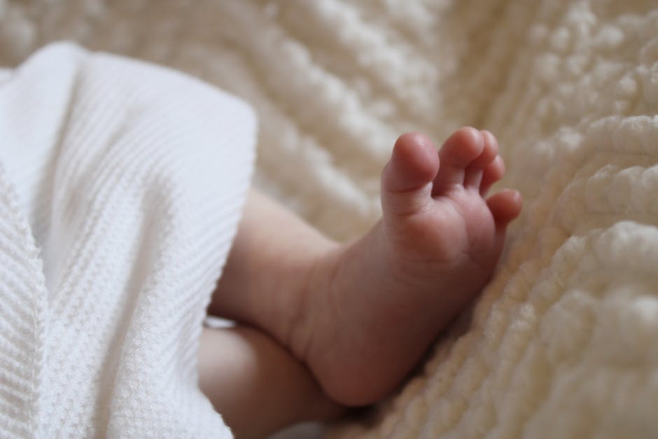 Adorable close-up of baby feet wrapped in a soft, textured blanket creating a cozy and gentle atmosphere.
