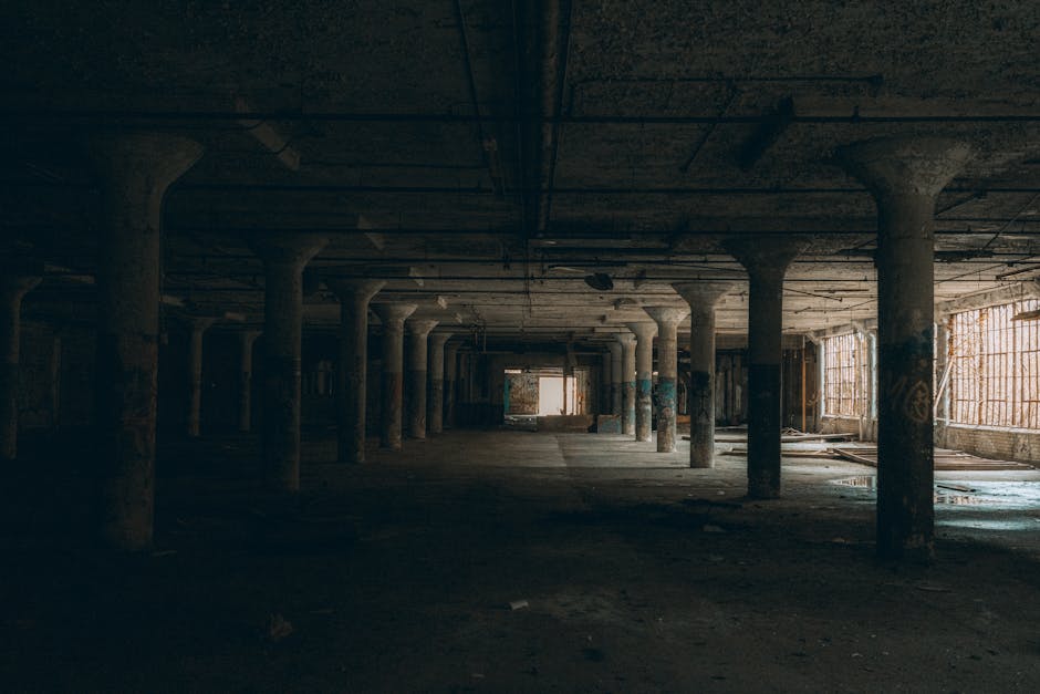 Explore the eerie atmosphere of an abandoned warehouse interior with concrete columns and natural light pouring in.