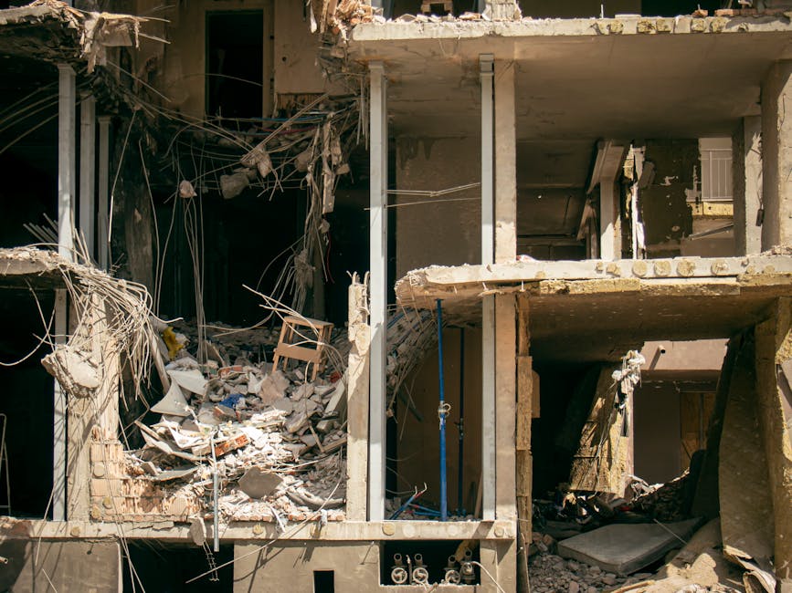 A demolished building in Kyiv, Ukraine, illustrating urban devastation and destruction.