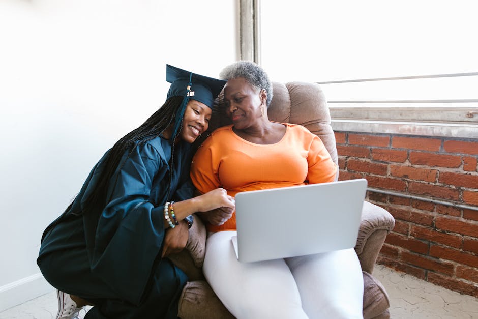 A joyful moment between a mother and daughter during a virtual graduation ceremony, symbolizing achievement and love.