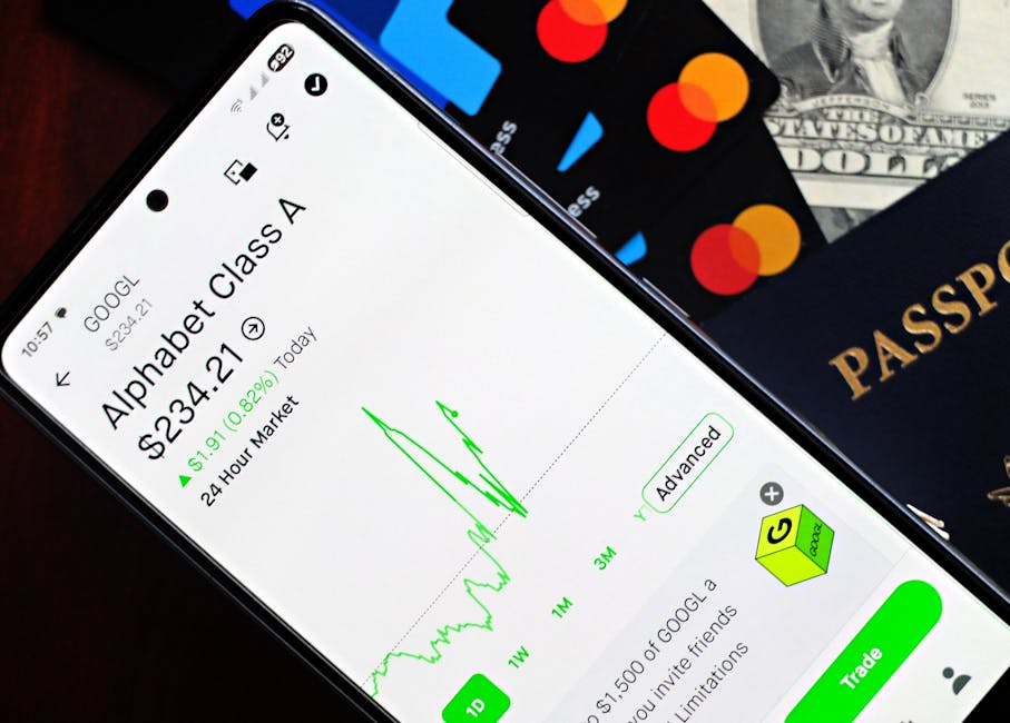 Smartphone displaying stock market app next to U.S. dollar and passport, representing global finance.