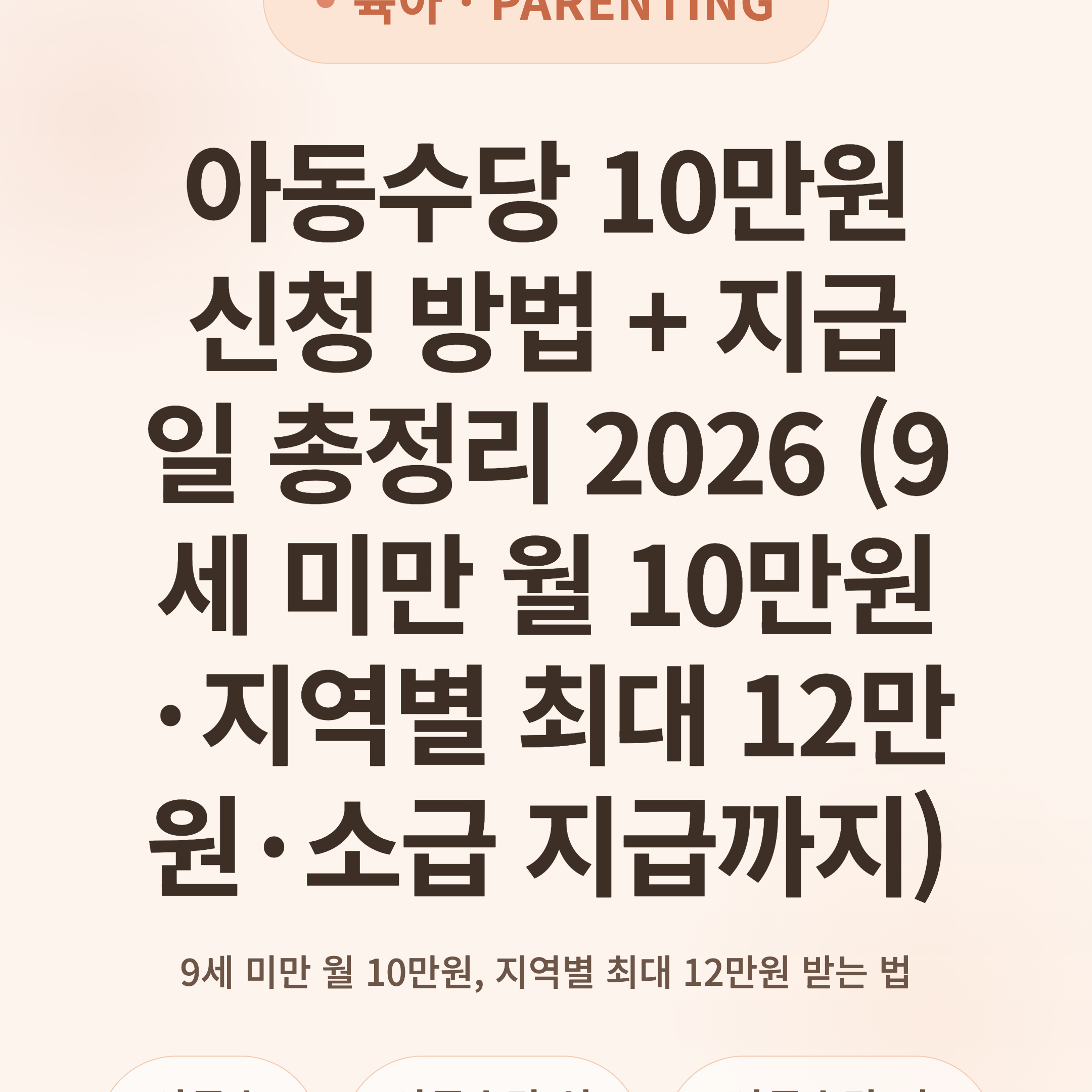 아동수당 10만원 신청 방법 + 지급일 총정리 2026 (9세 미만 월 10만원·지역별 최대 12만원·소급 지급까지)