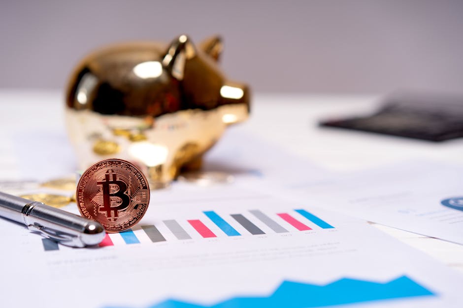 A Bitcoin coin on financial charts with a gold piggy bank, symbolizing modern finance.