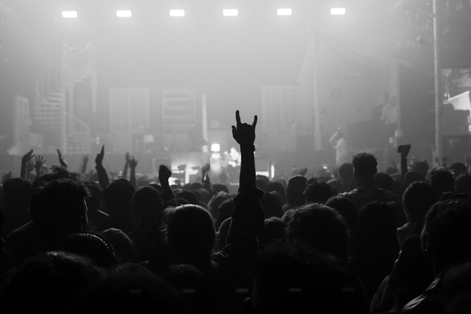 Silhouetted concert crowd enjoying live music with raised hands and rock signs.
