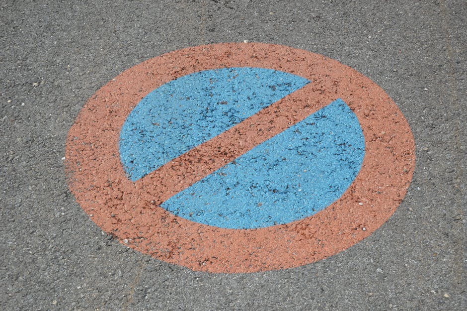 Close-up photo of a no parking sign painted on asphalt with blue and red colors.