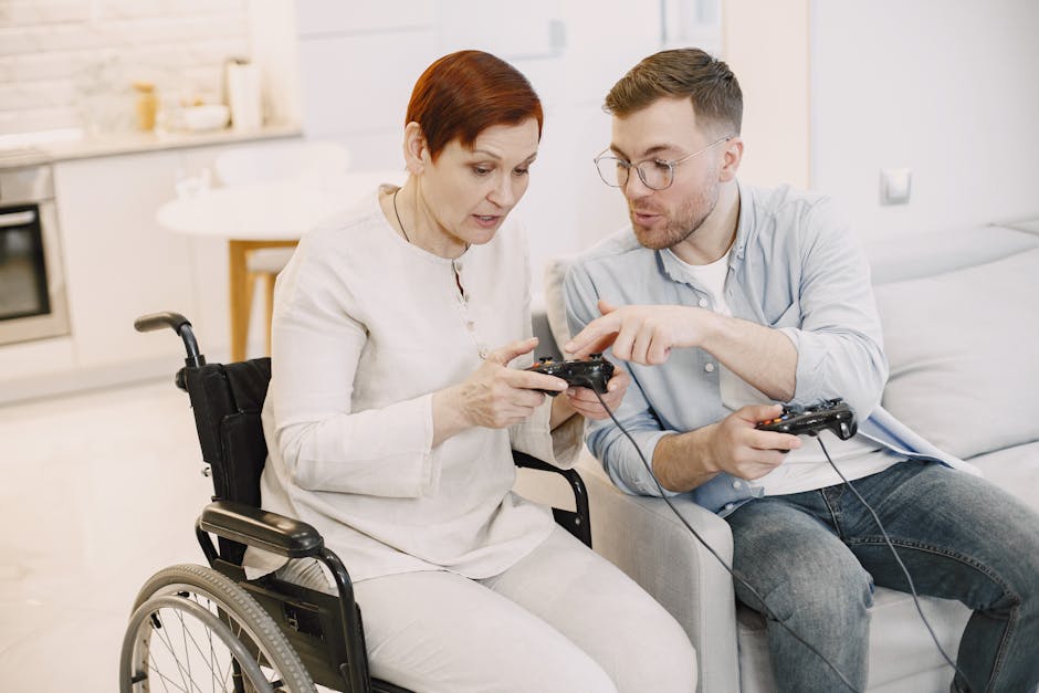 Older woman in wheelchair and young man play video games together, fostering connection.