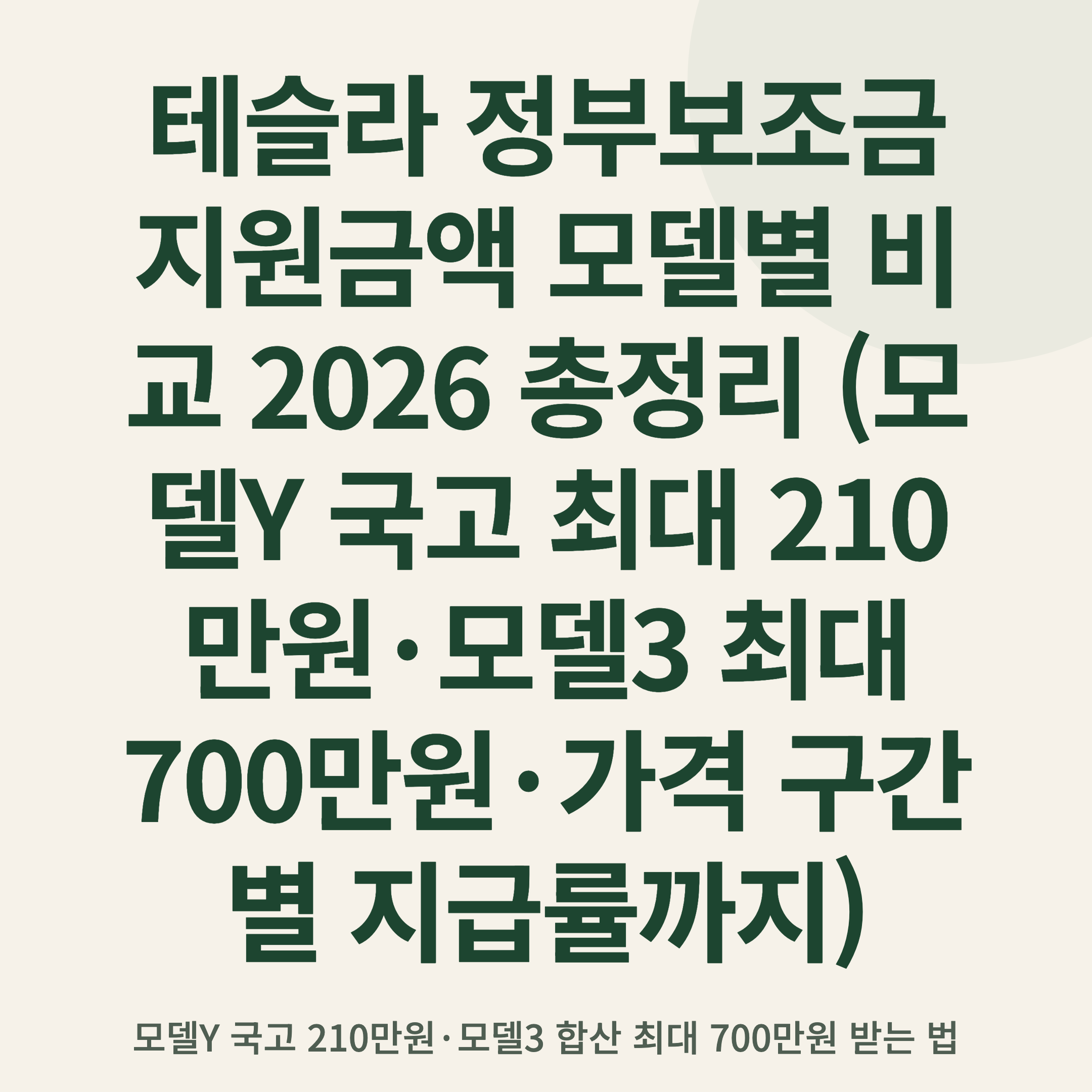 테슬라 정부보조금 지원금액 모델별 비교 2026 총정리 (모델Y 국고 최대 210만원·모델3 최대 700만원·가격 구간별 지급률까지)
