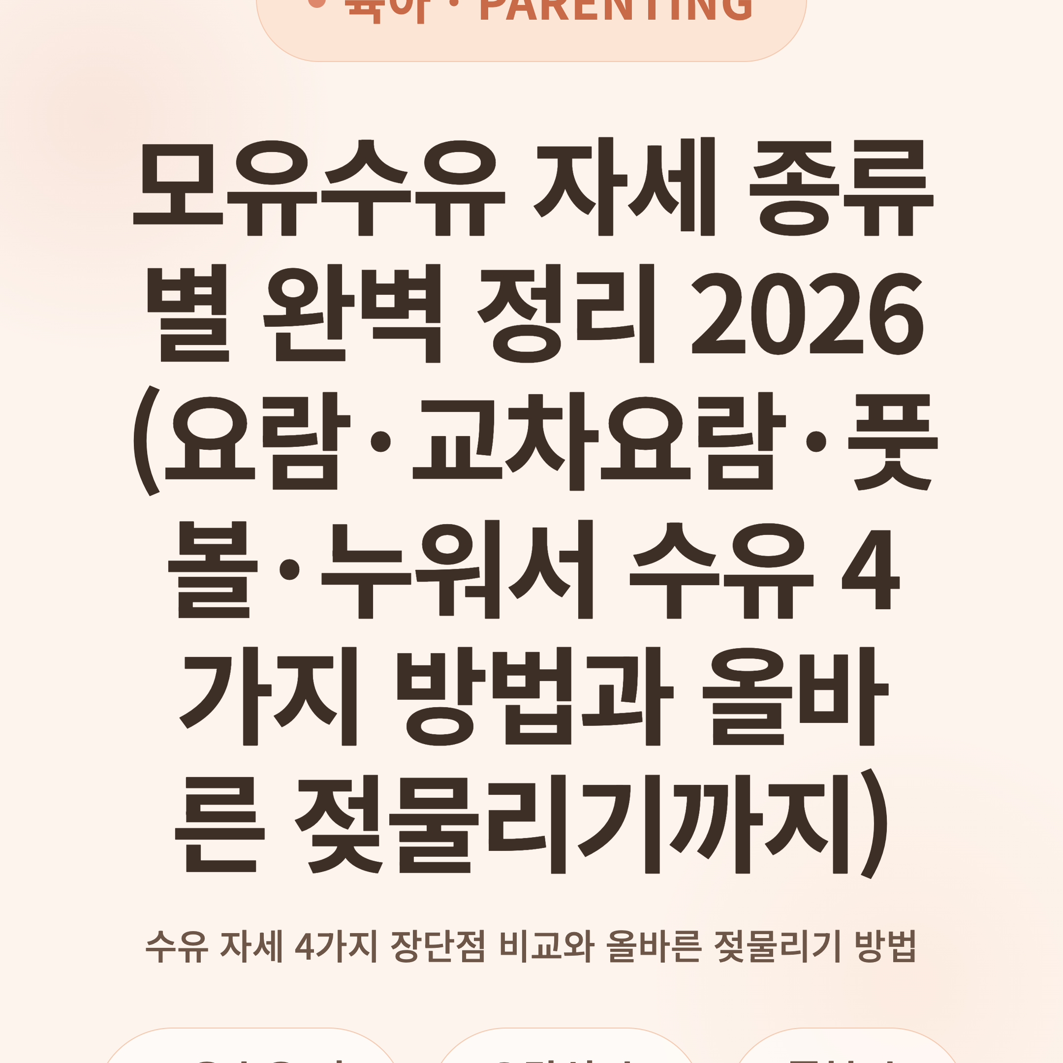 모유수유 자세 종류별 완벽 정리 2026 (요람·교차요람·풋볼·누워서 수유 4가지 방법과 올바른 젖물리기까지)