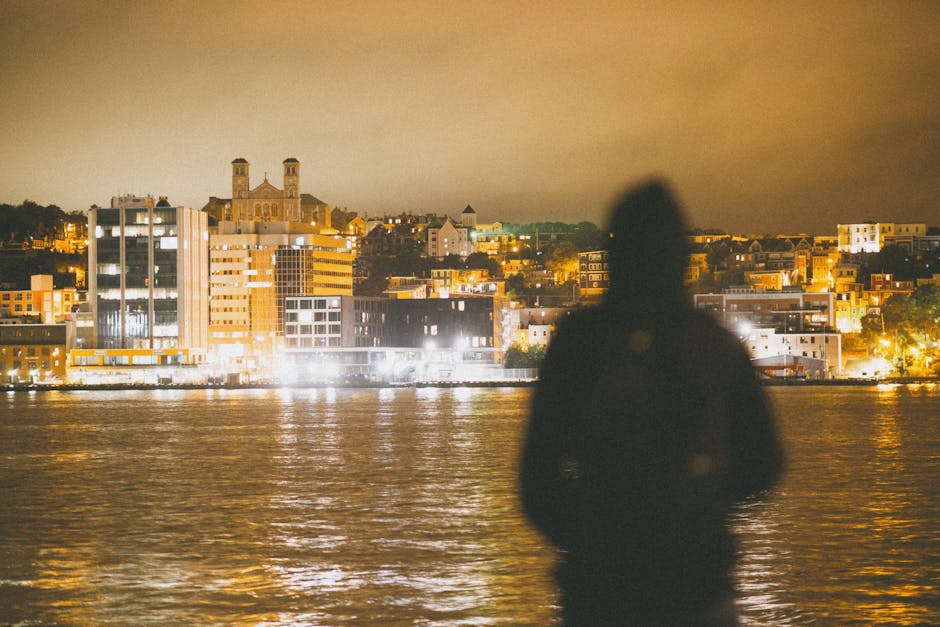 A silhouette of a person standing by a river, overlooking an illuminated city waterfront at night.