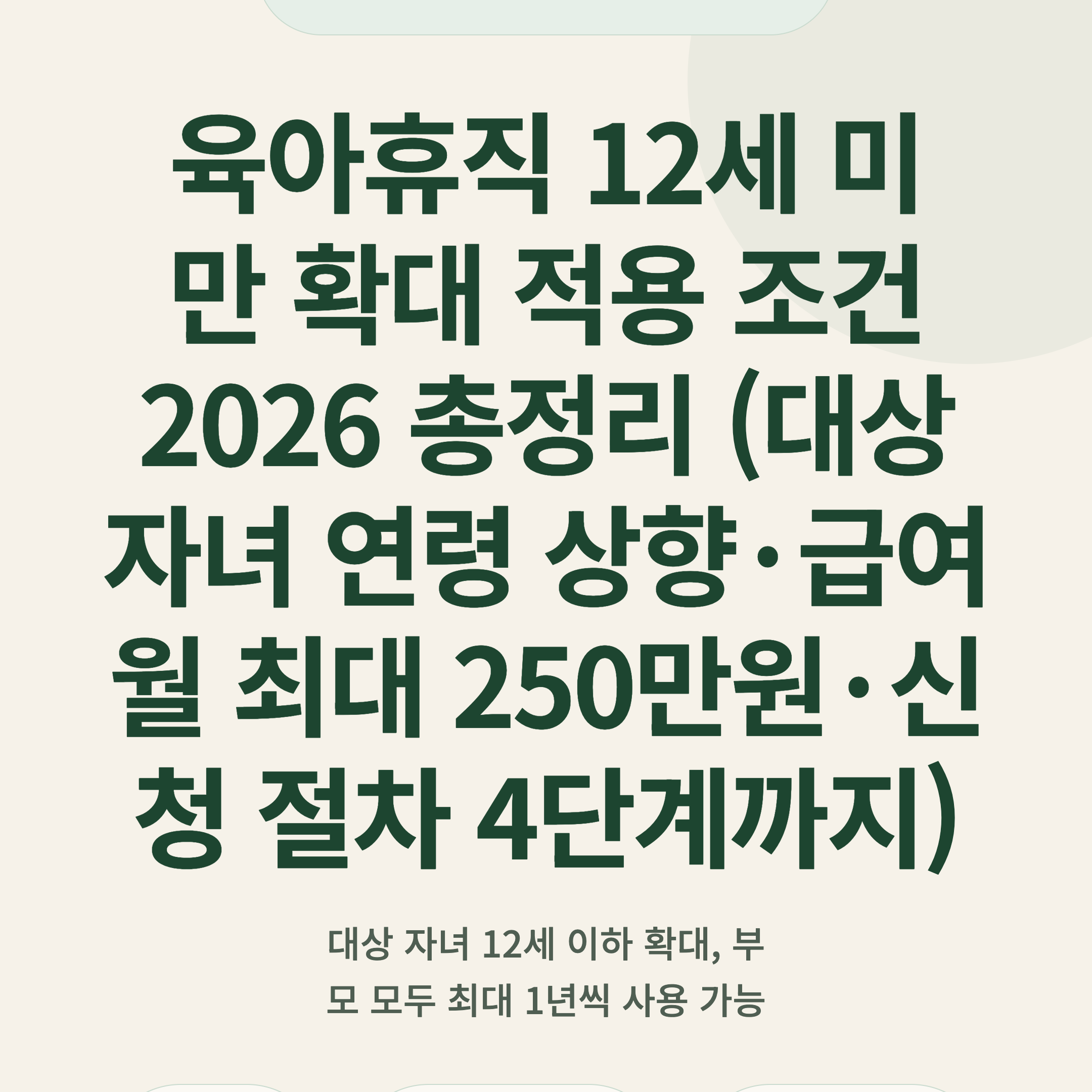육아휴직 12세 미만 확대 적용 조건 2026 총정리 (대상 자녀 연령 상향·급여 월 최대 250만원·신청 절차 4단계까지)