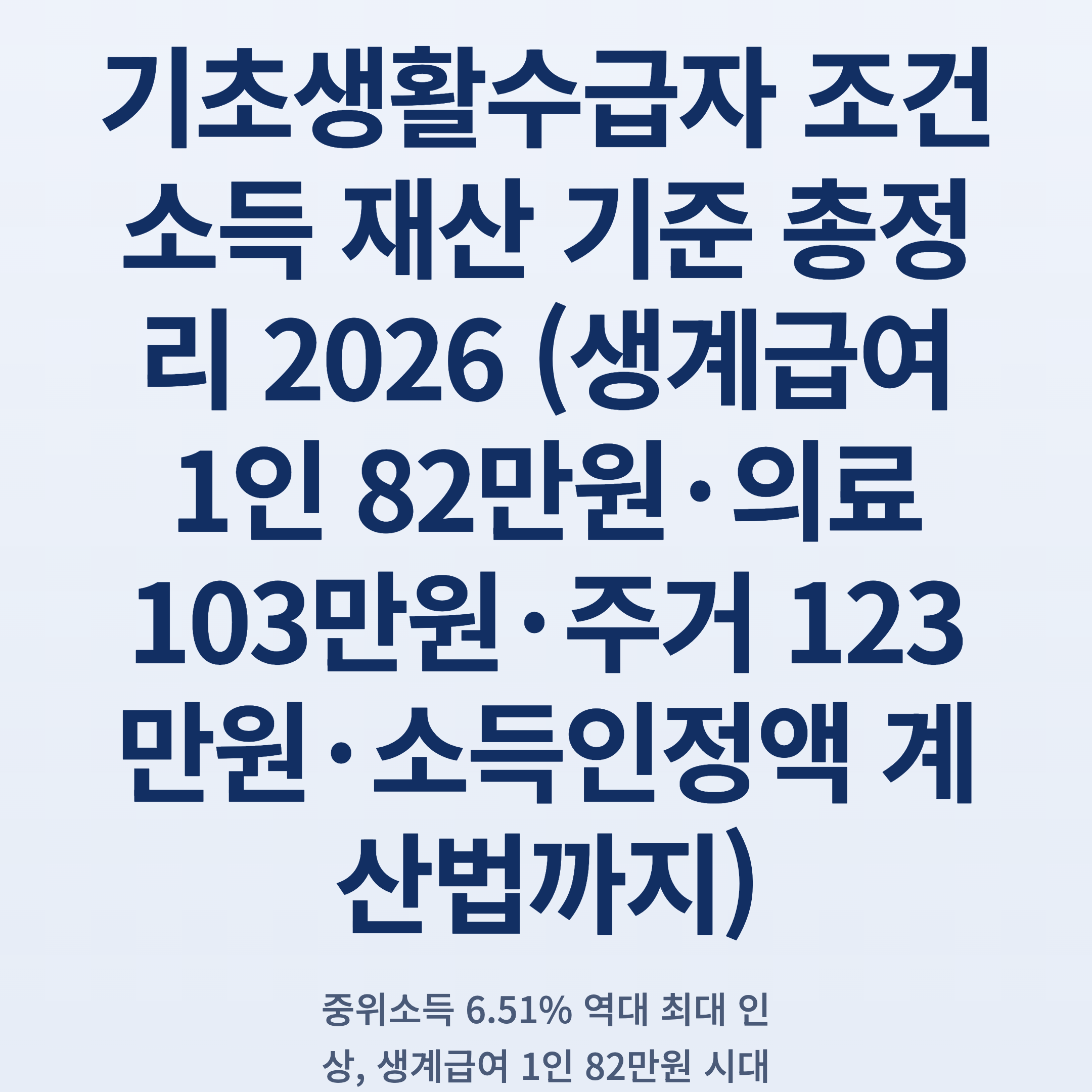기초생활수급자 조건 소득 재산 기준 총정리 2026 (생계급여 1인 82만원·의료 103만원·주거 123만원·소득인정액 계산법까지)