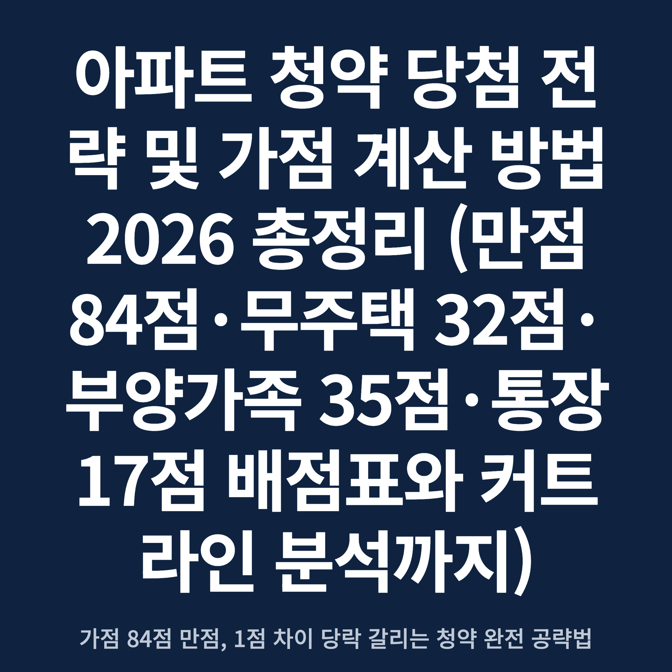 아파트 청약 당첨 전략 및 가점 계산 방법 2026 총정리 (만점 84점·무주택 32점·부양가족 35점·통장 17점 배점표와 커트라인 분석까지)