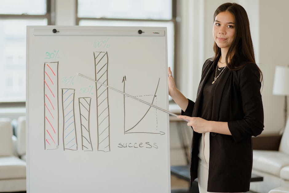 Young woman in black blazer presenting a growth chart on a whiteboard during a business meeting.