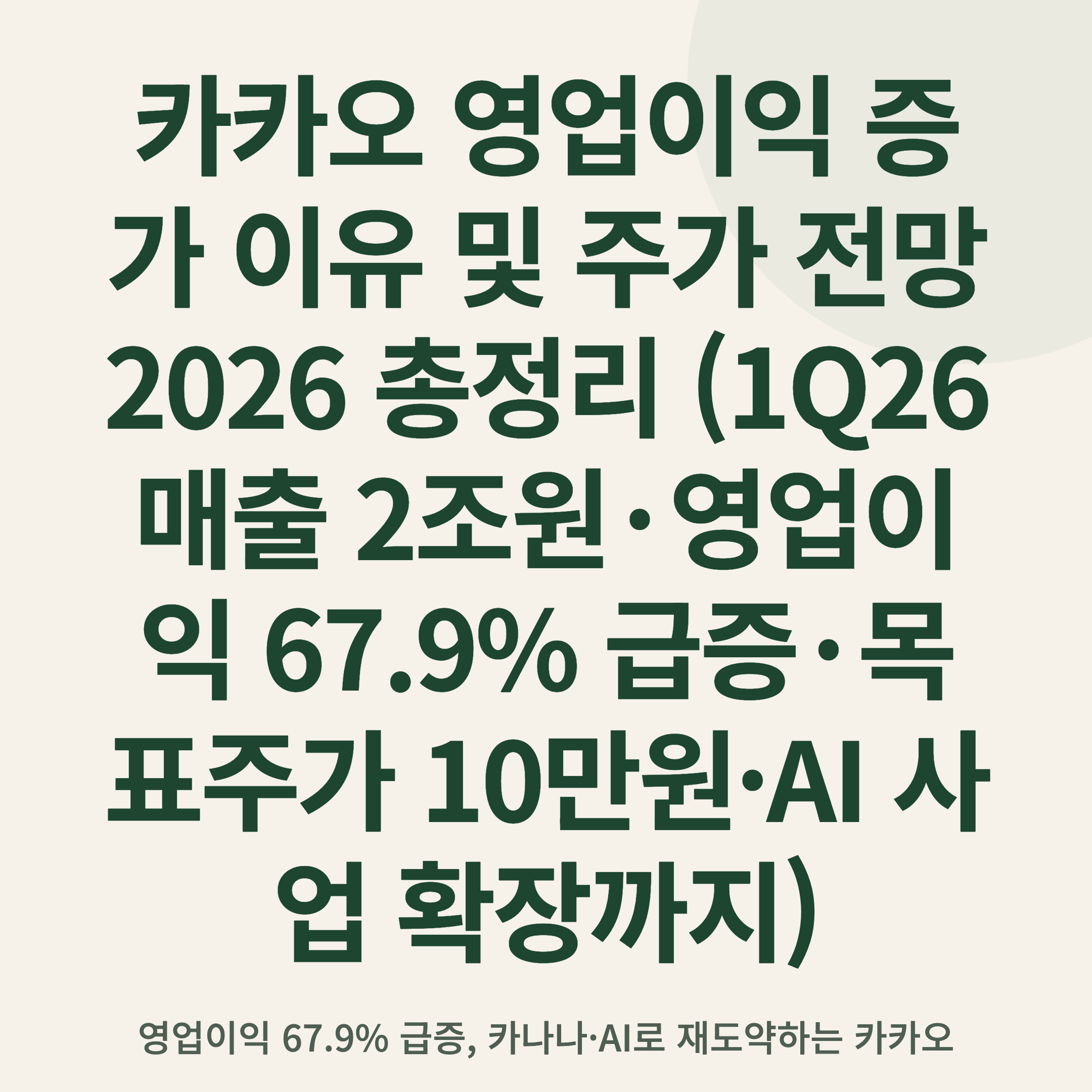 카카오 영업이익 증가 이유 및 주가 전망 2026 총정리 (1Q26 매출 2조원·영업이익 67.9% 급증·목표주가 10만원·AI 사업 확장까지)