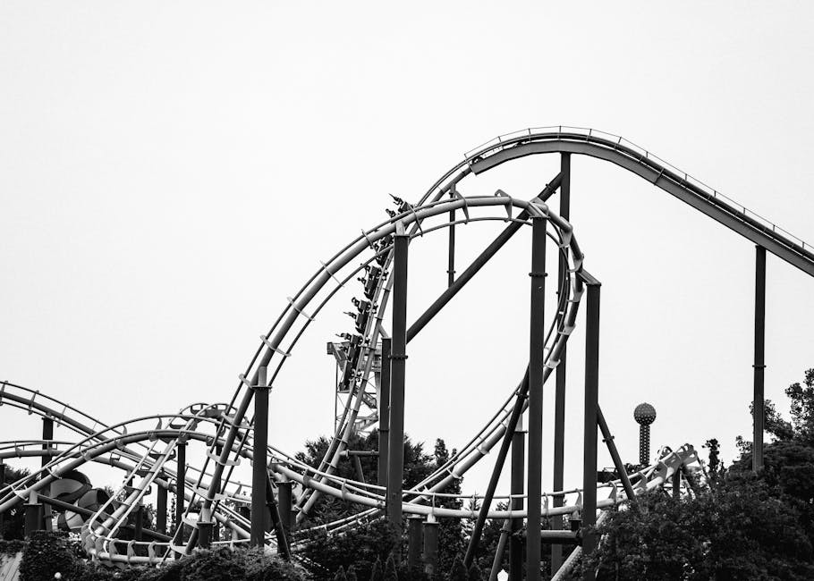 Dramatic black and white photo of a looping roller coaster, capturing thrills and excitement.