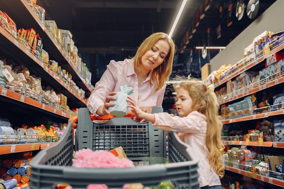 A mother and daughter shopping together in a supermarket aisle, enjoying quality time.