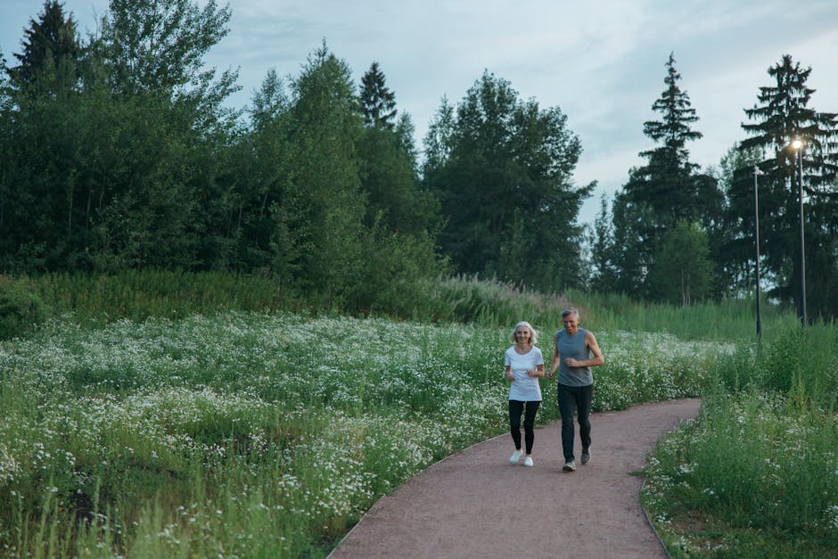 Senior couple jogging on a scenic park path surrounded by greenery.