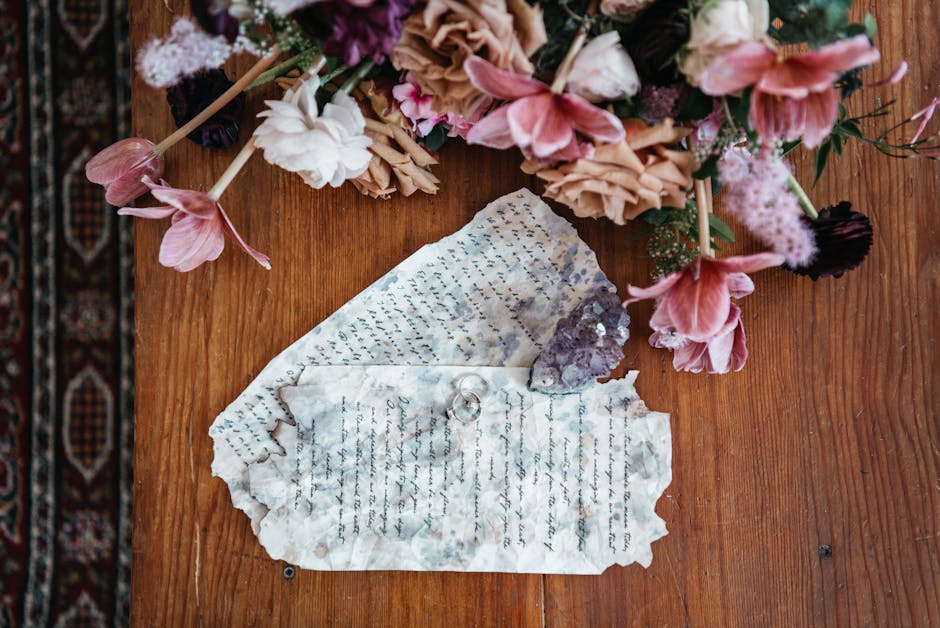 A rustic bouquet with wedding rings and a vintage letter on a wooden table.