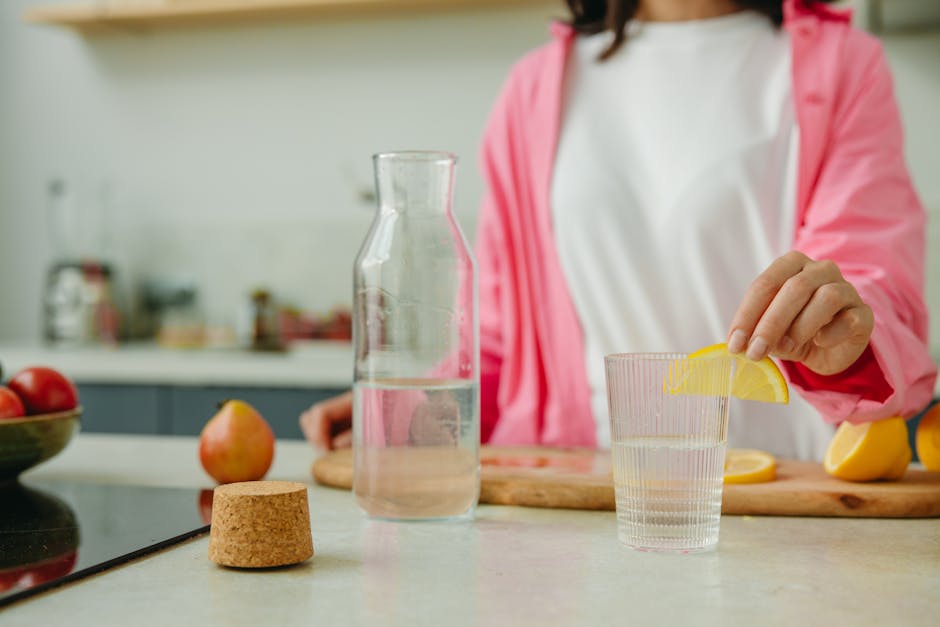 A woman in a pink outfit prepares lemon water in a bright, modern kitchen setting.