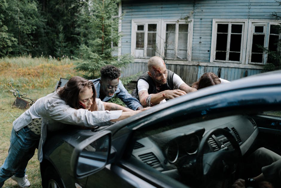 A group of zombies surround a car in front of an old, abandoned house.