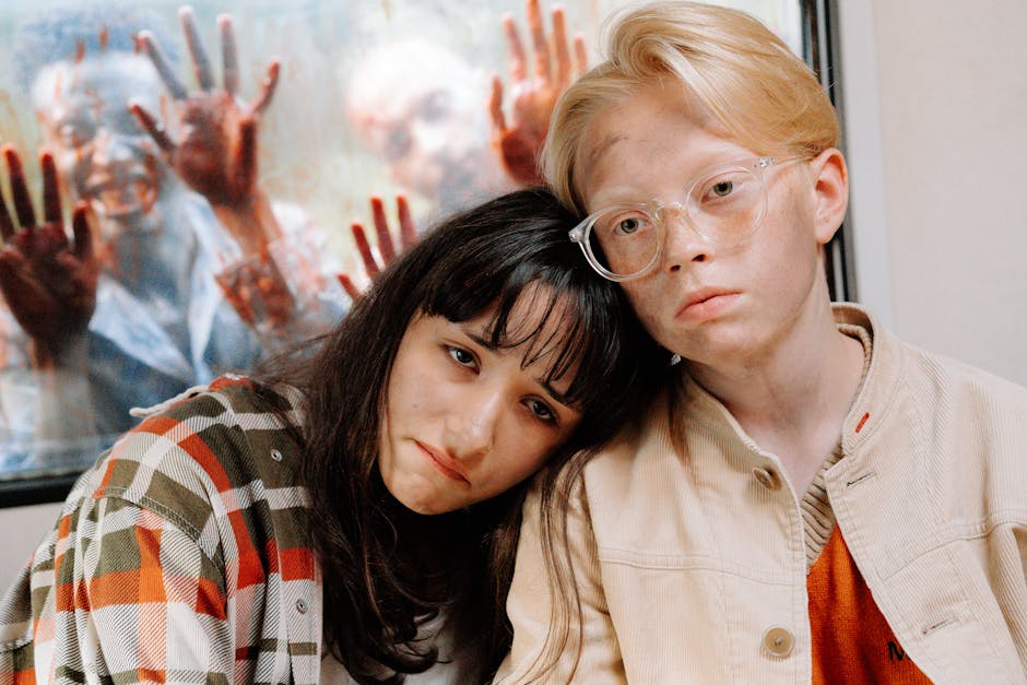 Two people indoors looking worried, with zombies pressing against a window.